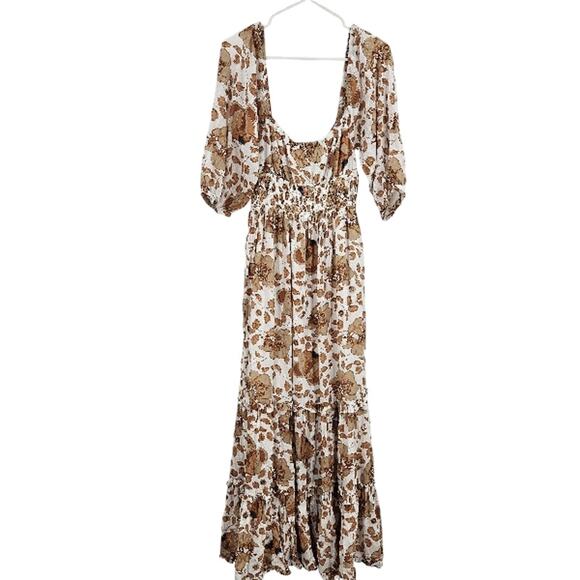 Anthropologie Dress White Tan Floral Cutout Tiered Puff Sleeve Smocked Maxi Sz S - Picture 3 of 11